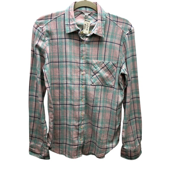 Aeropostale Womens Plaid Flannel Shirt M Pastel Pink Mint‎ Soft Button Down NWT - Picture 1 of 12